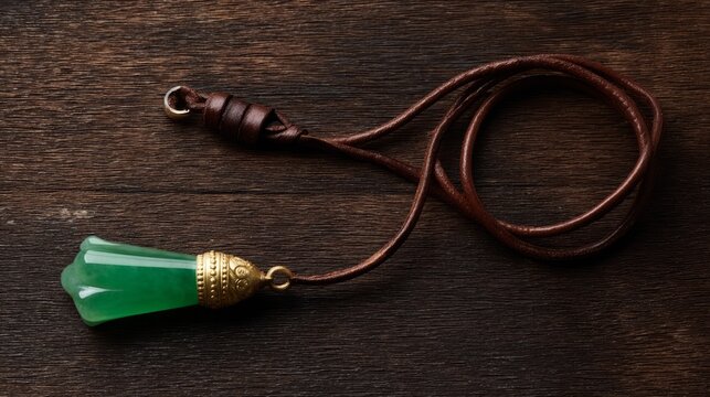 A slender green jade pendant shaped like a silique on a dark background.
