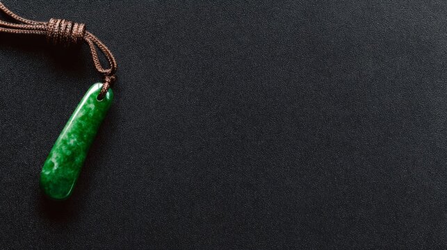 A slender green jade pendant shaped like a silique on a dark background.
