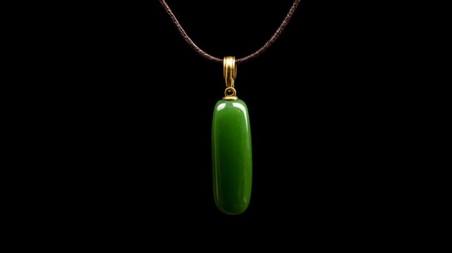 A slender green jade pendant shaped like a silique on a dark background.
