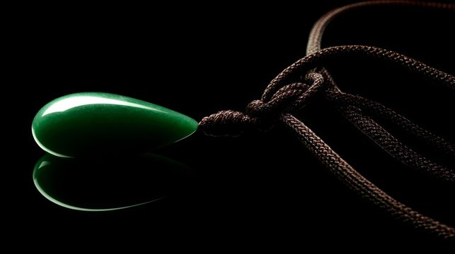 A slender green jade pendant shaped like a silique on a dark background.
