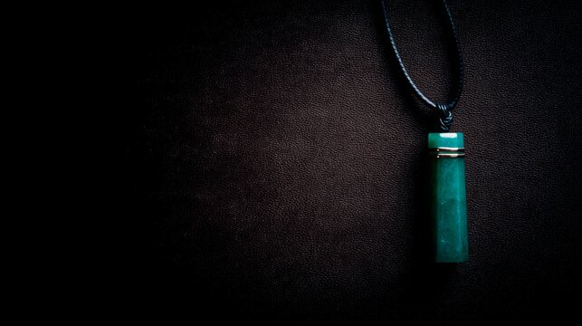 A slender green jade pendant shaped like a silique on a dark background.
