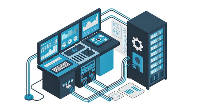 Isometric data center server infrastructure with network monitoring and cloud computing technology
