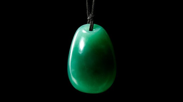 A slender green jade pendant shaped like a silique on a dark background.
