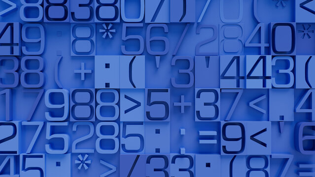 Textured Blue and White Digital Surface Featuring Overlapping Geometric Shapes and Randomly Arranged Numbers and Symbols for Educational Graphics and Modern Design Applications