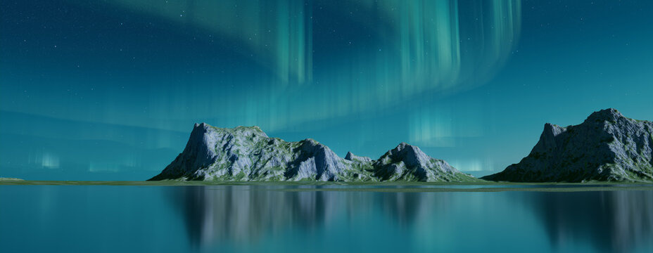 Majestic Sky with Aurora and Stars. Blue Northern Lights Banner with copy-space.