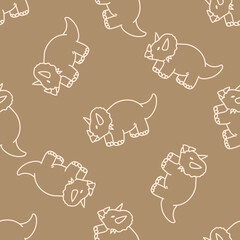 Seamless dinosaur line art pattern on beige background for kids apparel and nursery decor © iamclau studio