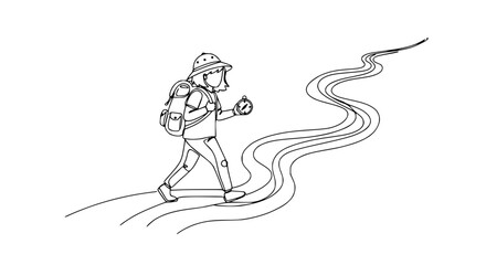 Obraz premium Adventurous hiker with backpack and compass walks along a winding path, line art illustration.