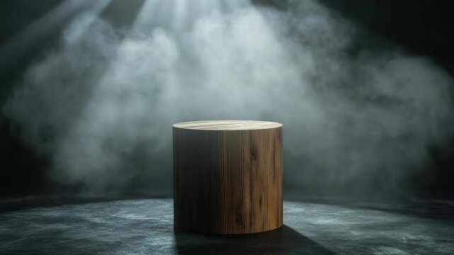 Mysterious tree stump on stage with fog and lights