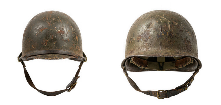 Two weathered vintage military combat helmets isolated on transparent background