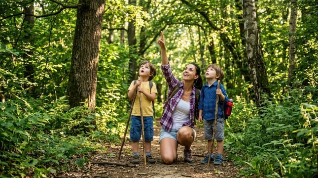 Happy mother and two young sons exploring a lush green forest on a hiking trail, woman pointing upwards to explain nature to curious children.