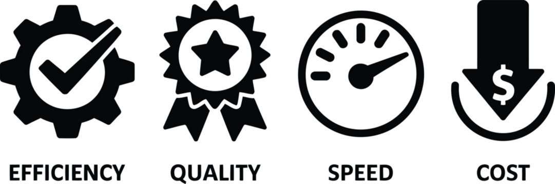 Performance metrics icons illustrate efficiency quality speed and cost reduction for business.