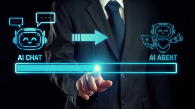 Business Professional Interacting with AI Chat and AI Agent Technology Concept for Digital Communication and Automation in the Modern Workplace. Liminal.