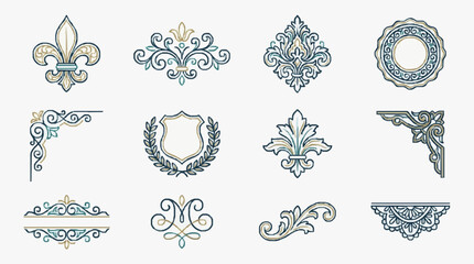 Clean Elegant Gold and Navy Blue Ornamental Designs Collection Vintage Floral Fleurs de lis Crests and Decorative Borders © Riki