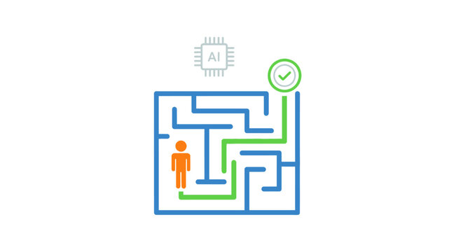A stylized icon showing a person finding the correct path through a complex maze