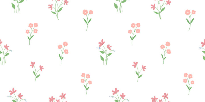 Cute seamless vector floral texture with tiny flowers bouquets on white background, repeating background with mini blossom, ditsy illustrations