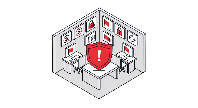 An isometric illustration of a secure office environment with digital warning icons