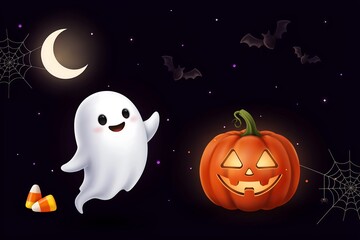 Fototapeta premium Cute Halloween Ghost Pumpkin Moon High Resolution Picture