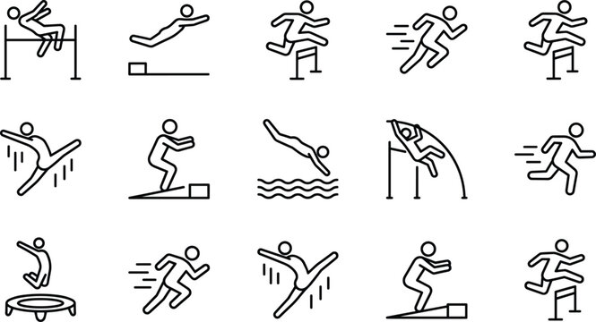 Track and field sports line icon set featuring running hurdles high jump pole vault and diving symbols,