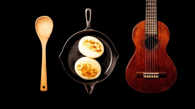 Arepas on cast-iron griddle beside cuatro guitar, tropical culinary and music scene.

