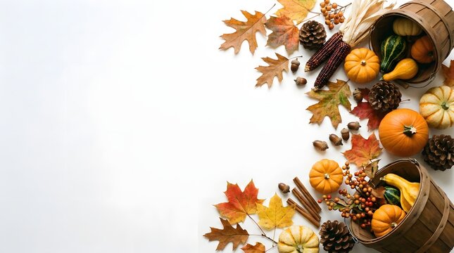 Autumn harvest pumpkin border with wooden baskets and fall leaves on white background for thanksgiving decor