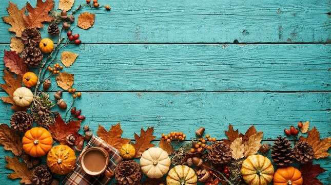 Autumn pumpkin border on teal wood background with leaves pinecones and cup of coffee