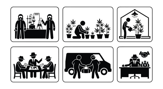Cannabis cultivation and processing vector icons on a white background