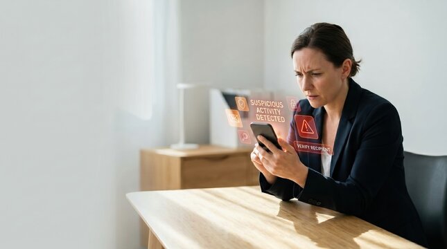 businesswoman holding smartphone with glowing suspicious activity detected alert icons in office. copy space