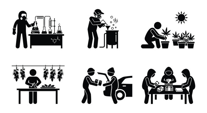 Cannabis cultivation and processing vector icons on a white background