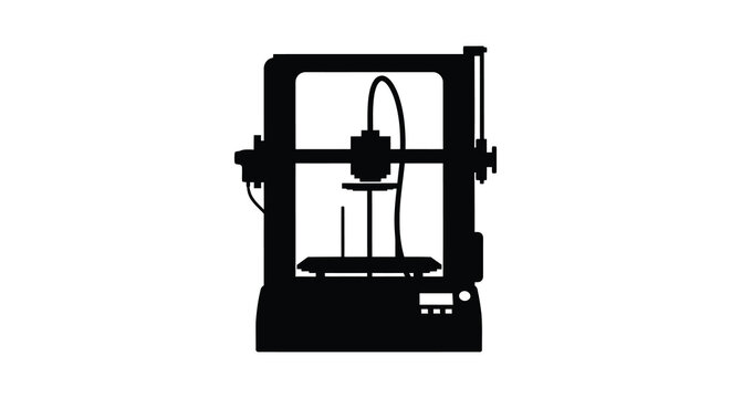 3d printer machine in black silhouette against a white background silhouette