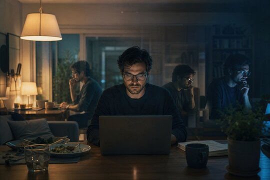 Evening focus at home a diligent man deeply immersed in his digital work