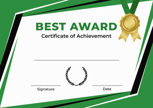 Best award certificate of achievement template with gold ribbon medal, laurel wreath and green black geometric frame. Vector horizontal diploma layout for recognition and graduation