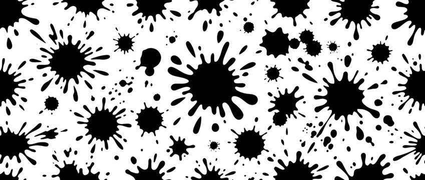 Seamless Pattern of Black Ink Splatters and Drops on White Background
