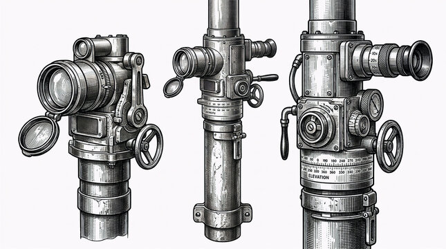Technical engraving illustration showcasing three different types of vintage submarine periscopes and maritime optical sighting mechanisms with manual adjustment wheels and gauges.