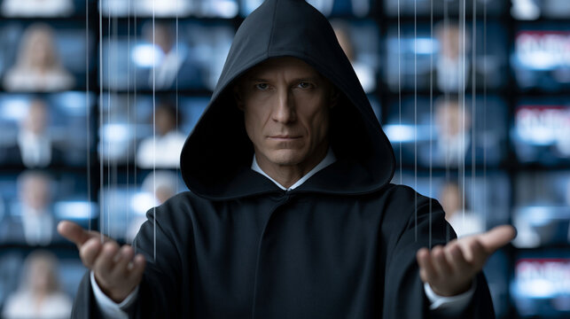 A mysterious hooded puppet master controlling television presenters and journalists with strings, massive television wall in the background, breaking news graphics, digital glitche