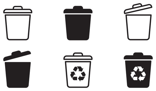 Trash Can Recycle Bin Icon Set Black and White Vector Icons Isolated on White