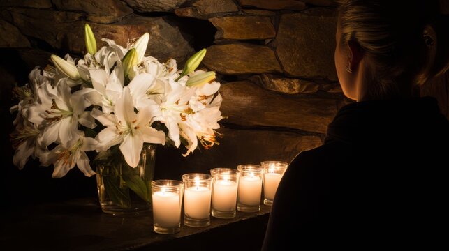 Cave shrine with lilies and candles, woman in silent devotion.
