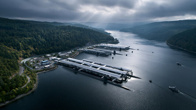 Epic cinematic aerial shot of a large nuclear submarine base inspired by Bangor Washington, multiple Ohio-class ballistic missile submarines moored at secure covered piers extendin