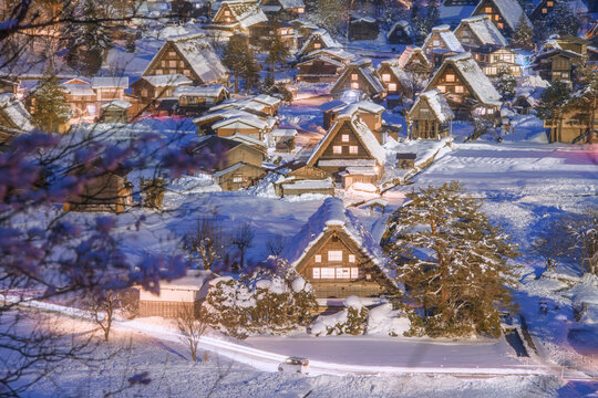 Shirakawako snow village at night Japan