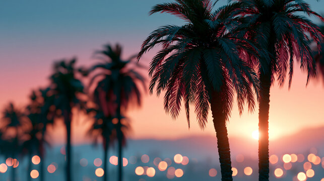 Vibrant tropical sunset with a gradient sky, silhouetted palm trees in the foreground, soft bokeh lights on the horizon, dreamy retro-aesthetic lighting, smooth atmospheric haze, m