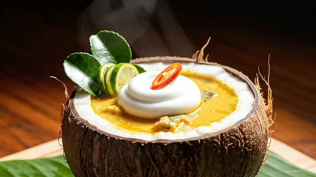 Delicious Cambodian Fish Amok Served in a Natural Coconut Shell with Fresh Herbs and Spices, Steaming for a Mouthwatering Culinary Experience