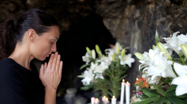 Cave shrine with lilies and candles, woman in silent devotion.
