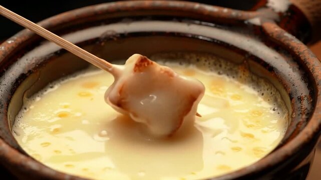 Delicious Ceramic Fondue Pot Filled With Bubbling Swiss Cheese Perfect For Dipping Bread Cubes In A Cozy Culinary Setting