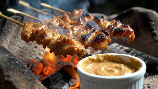 Delicious Close-Up of Indonesian Chicken Satay Skewers on Charcoal Grill with Peanut Sauce