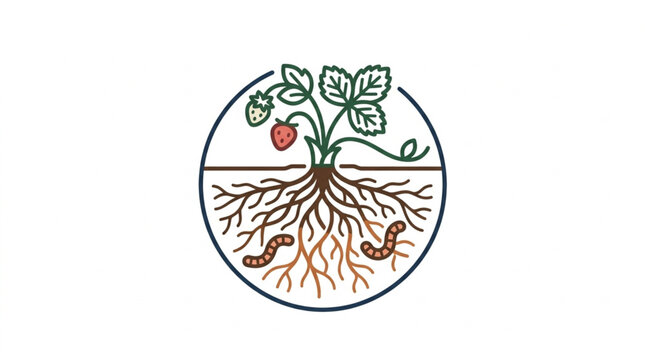Strawberry plant with roots and worms in soil illustration.