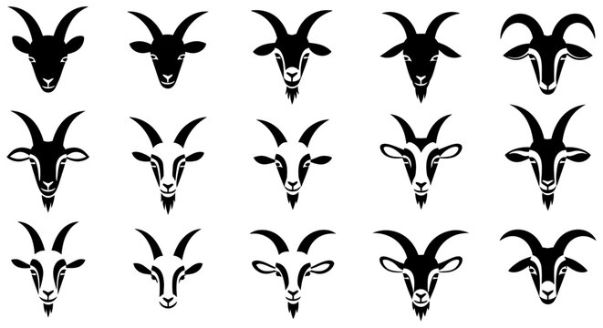 Goat Head Silhouettes Collection Gray And Black Vector Illustrations On White Background