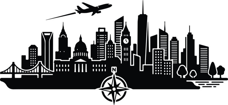 Modern City Skyline with Airplane and Compass,
Black silhouette of a modern city skyline featuring skyscrapers, bridge, airplane, trees, and a compass, representing travel, navigation, business, and u