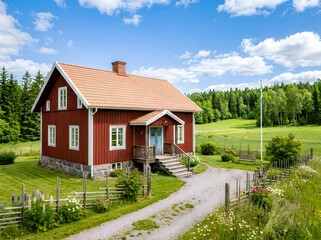 Obraz premium Red house with white trim and orange roof in green landscape with trees