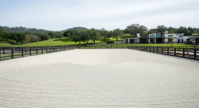 Spacious Outdoor Riding Arena with Fencing and Scenic Background.