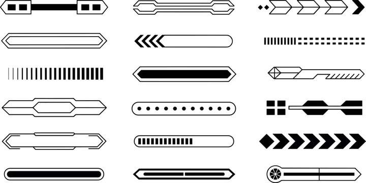 Futuristic sci-fi interface dividers tech digital game level loading progress bar borders abstract linear vector element collection set