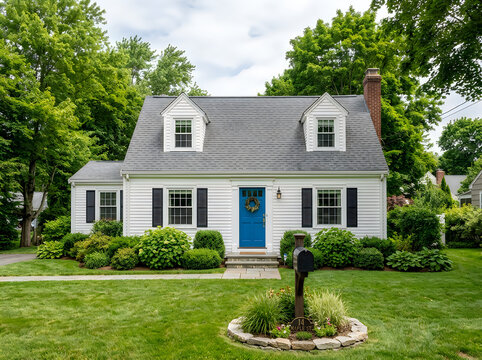 White house with blue door and green lawn and trees